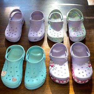Girls Crocs lot of 4 size J3 Lilac Aqua Blue Unicorn Tie Dye marbled in EUC